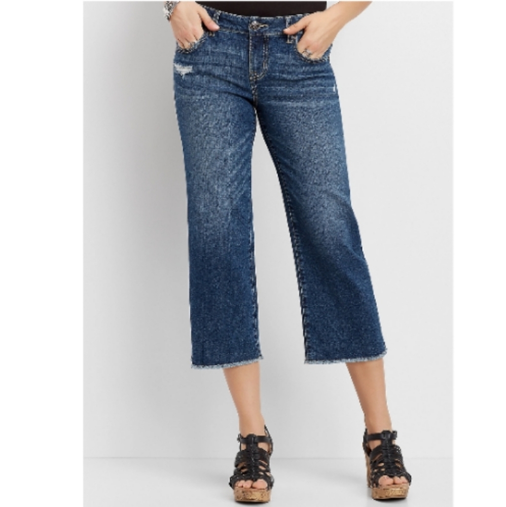 Maurice's Wide Leg Distressed Denim Capris.
